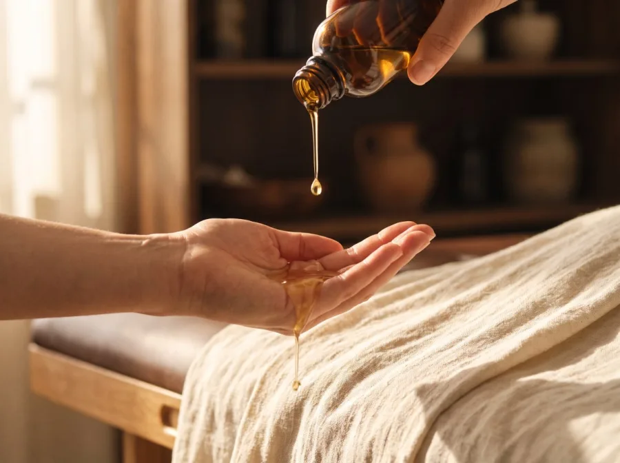 Warmes Massageöl läuft aus einer braunen Flasche in eine geöffnete Hand